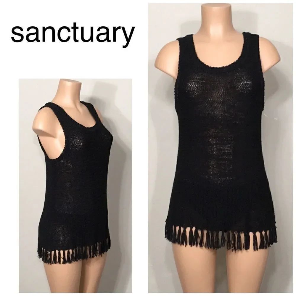 Sanctuary black crochet and fringe top. NWOT